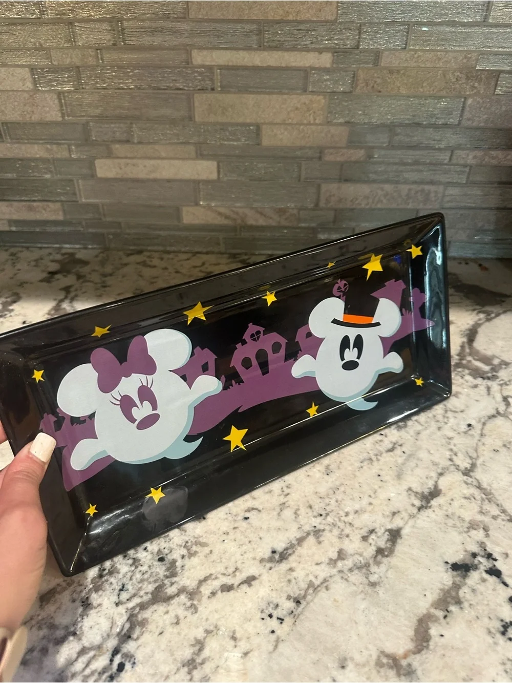 Disney Halloween Ghost Minnie & Mickey Black Tray with Purple and Yellow Accents